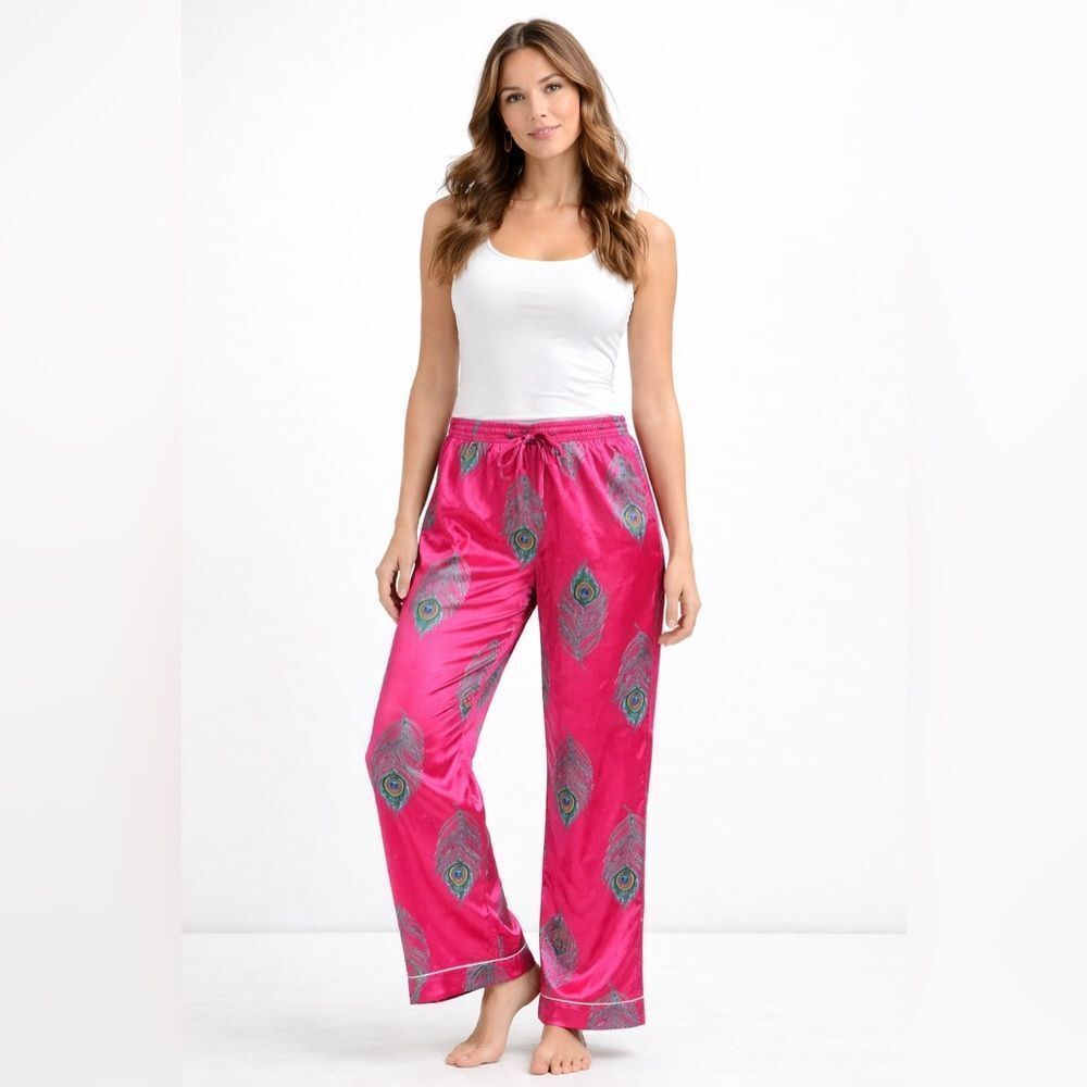 Their Nibs Vintage Women's Red Peacock Feather Satin Pajama Panst Size Small